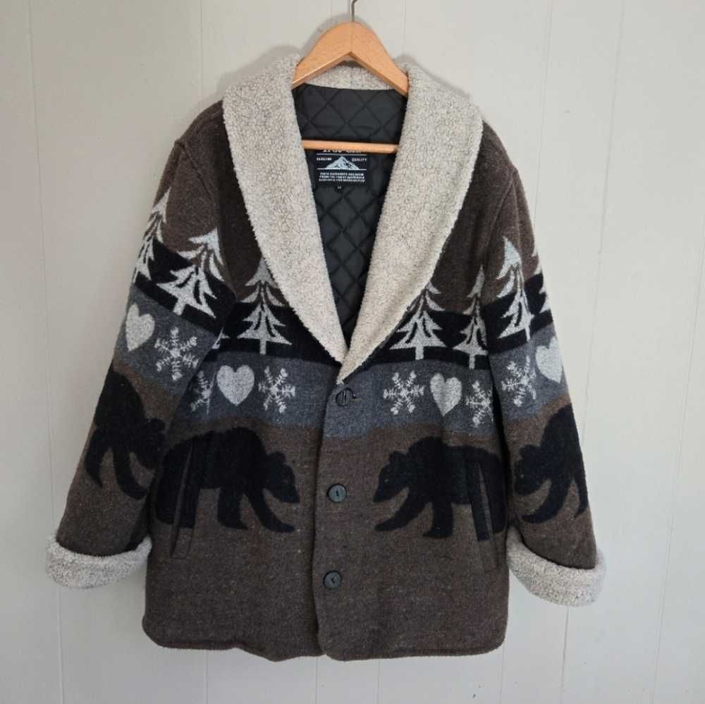 True Grit vintage jacket bear heart trees snowflakes quilted lining fleece M